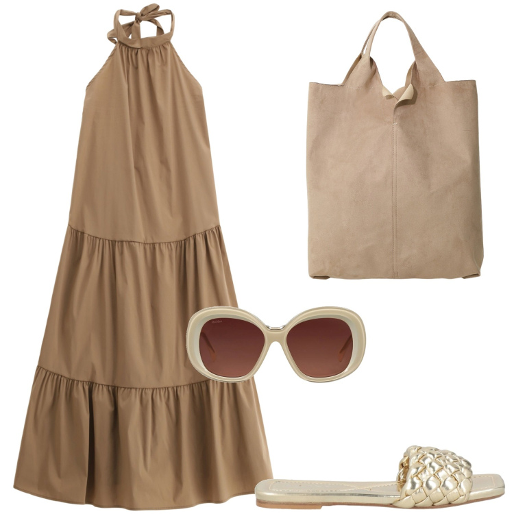 Outfit donna - Colazione tra amiche. Stile Boho per Tutti i giorni. Abbinamento con sandali, occhiali da sole, vestiti midi/longuette, shopping bag.