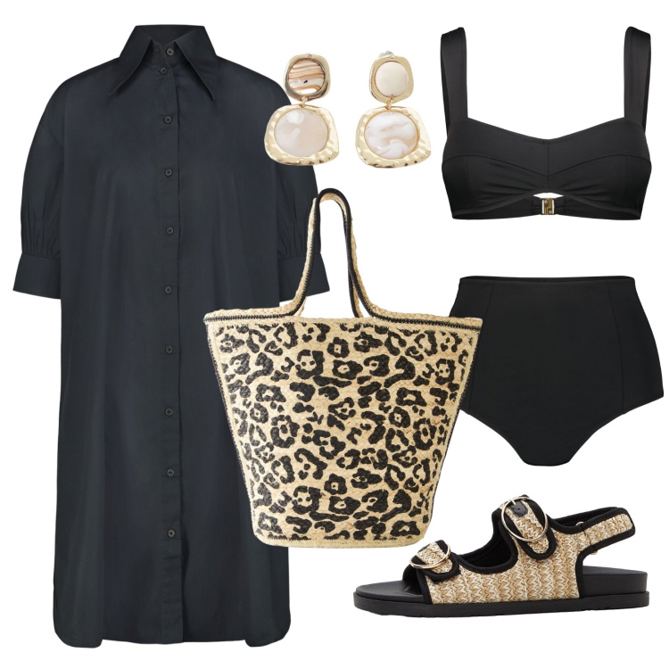 Outfit donna - Camicia copricostume. Stile Chic per Mare. Abbinamento con sandali, shopping bag, orecchini, bikini, vestiti corti.