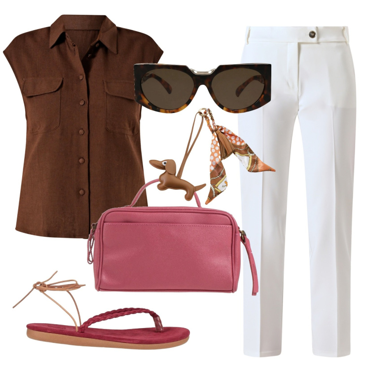 Outfit donna - Inedito marrone e rosa. Stile Casual chic per Ufficio. Abbinamento con borse a mano, occhiali da sole, infradito, pantaloni, camicie, portachiavi.