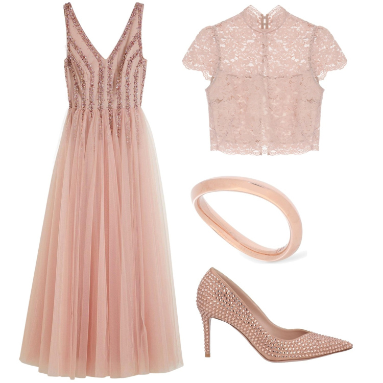 Outfit donna - Mi sposo in rosa. Stile Chic per Cerimonia. Abbinamento con vestiti lunghi, décolleté, top, anelli.