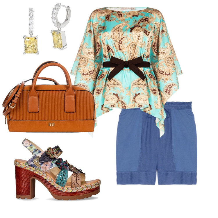 Outfit donna - Sensuale e raffinata con budget medio sp. Stile Romantica per Serata fuori. Abbinamento con orecchini, borse a mano, bluse, pantaloni corti, sandali col tacco.
