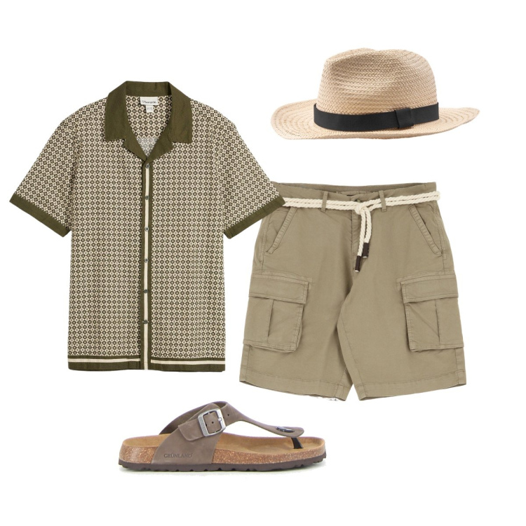 Outfit uomo - Finalmente domenica. Stile Casual per Tutti i giorni. Abbinamento con camicie a manica corta, bermuda, sandali, cappelli.