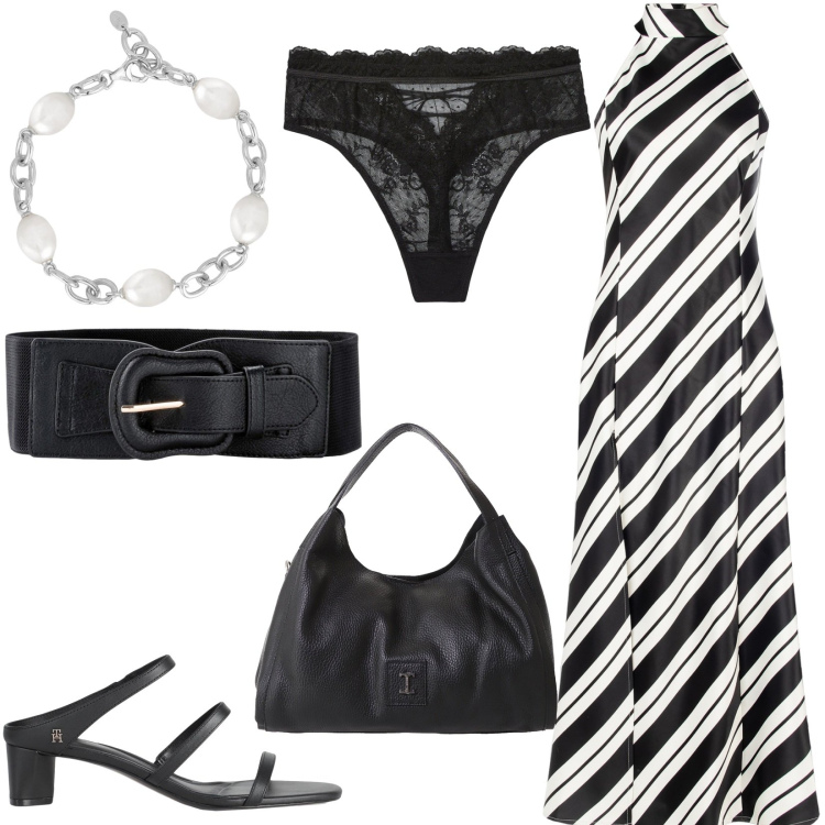 Outfit donna - Tempo d\'estate. Stile Casual per Tutti i giorni. Abbinamento con culotte, cinture, sandali in pelle, braccialetti, vestiti, pochette.