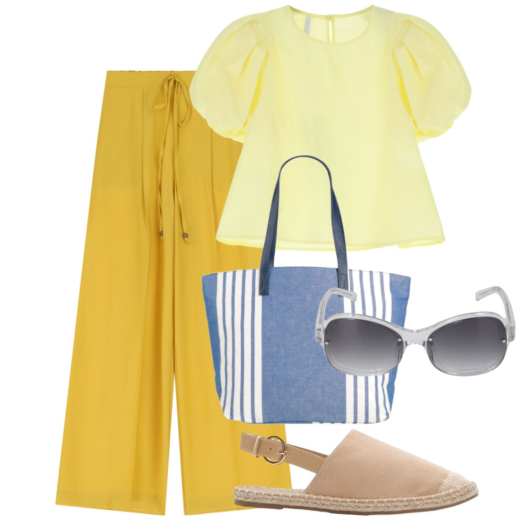 Outfit donna - Barcellona. Stile Etnico per Tutti i giorni. Abbinamento con espadrillas, borse a spalla, bluse, pantaloni, occhiali da sole.