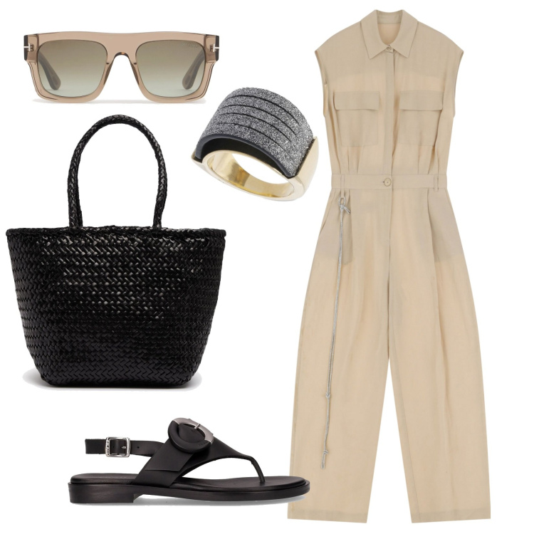 Outfit donna - Jumpsuit. Stile Minimal per Ufficio. Abbinamento con tute, ciabatte, borse a secchiello, occhiali da sole, anelli.