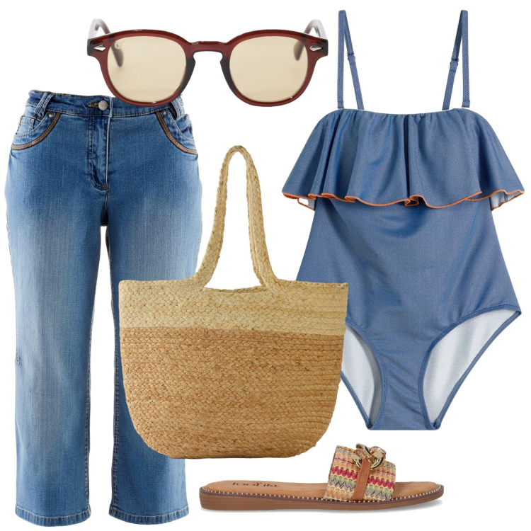 Outfit donna - Un giorno in spiggia. Stile Casual per Mare. Abbinamento con jeans slim fit, costumi interi, shopping bag, occhiali da sole, ciabatte.
