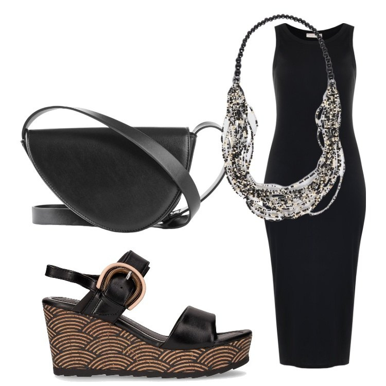 Outfit donna - Serata in tubino. Stile Chic per Serata fuori. Abbinamento con borse a tracolla, vestiti, collane, sandali col tacco.