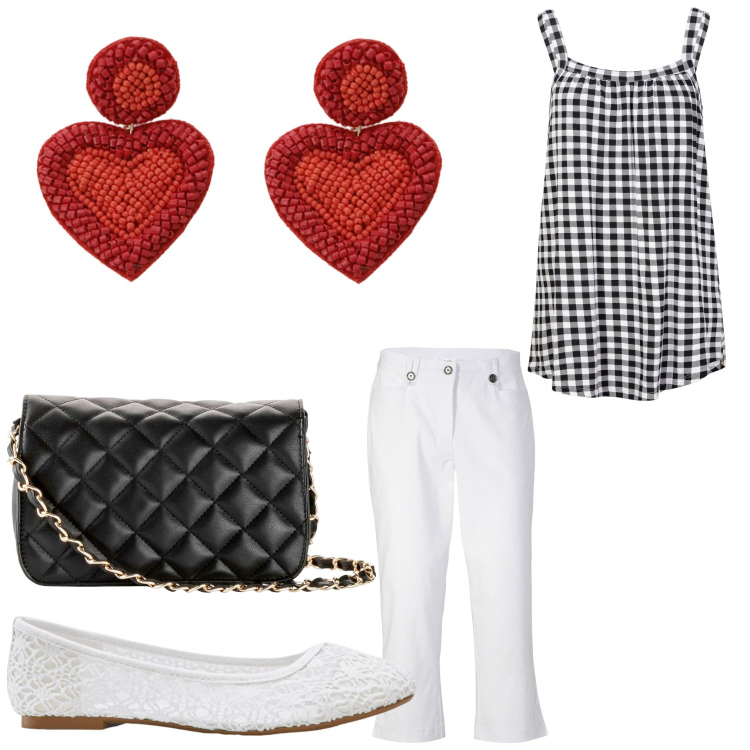 Outfit donna - Bon ton. Stile Bon Ton per Serata fuori. Abbinamento con top, ballerine, pantaloni capri, borse a tracolla, orecchini.