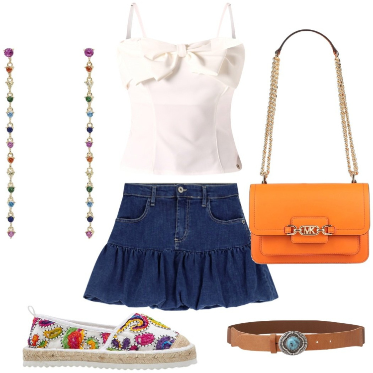 Outfit donna - In vacanza con le amiche. Stile Preppy per Serata fuori. Abbinamento con espadrillas, borse a spalla, orecchini, canottiere, minigonne, cinture.