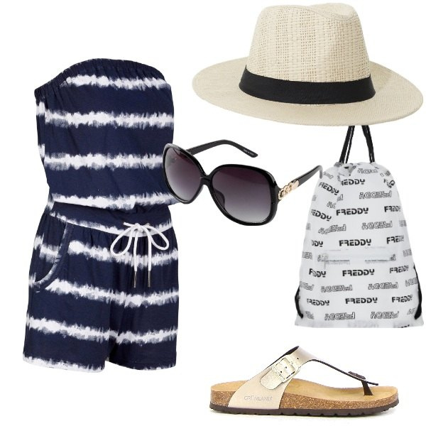 Outfit donna - Turista per caso. Stile Casual per Tutti i giorni. Abbinamento con occhiali da sole, tuta corta, cappelli, zaini, infradito.