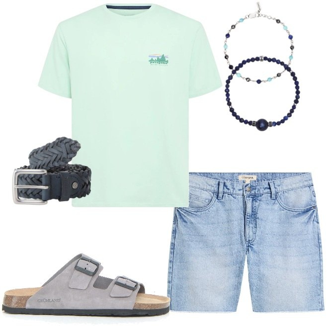 Outfit uomo - Sandali grigi. Stile Casual per Tutti i giorni. Abbinamento con bermuda, braccialetti, braccialetti, cinture, sandali, t-shirt.