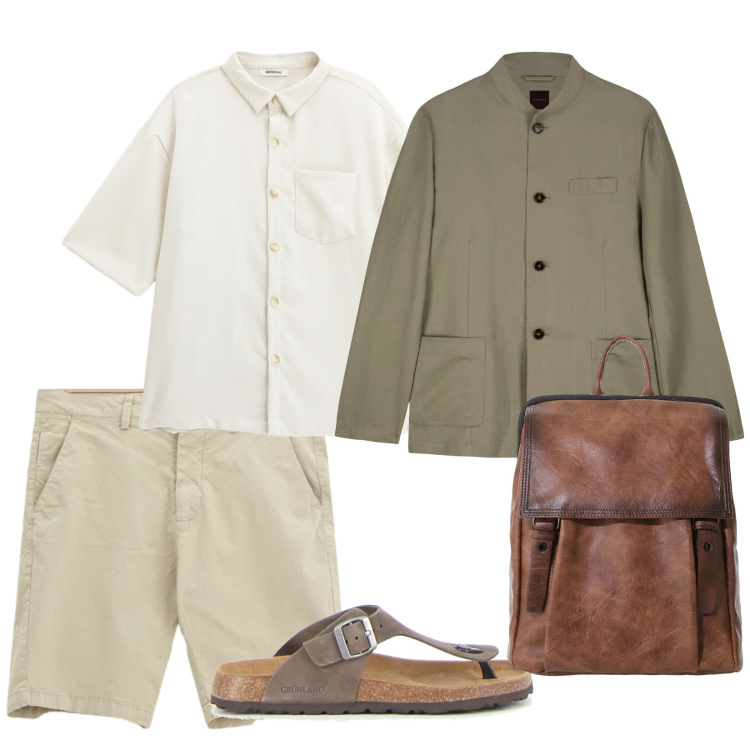 Outfit uomo - A lavoro così. per Ufficio. Abbinamento con borse sportive, camicie a manica corta, bermuda, giacche, sandali.