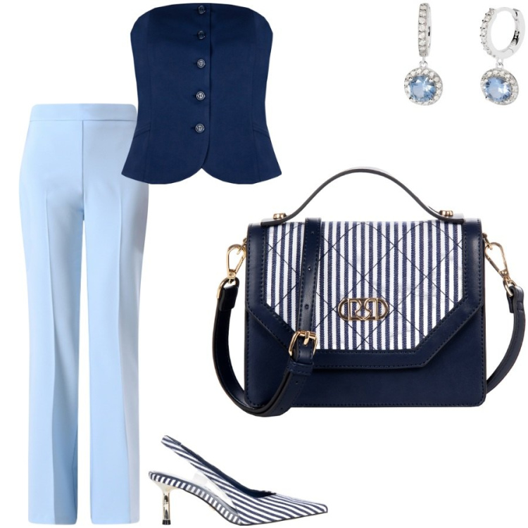 Outfit donna - Colori di tendenza. Stile Glamour per Serata fuori. Abbinamento con top, pantaloni, borse a mano, décolleté, orecchini.