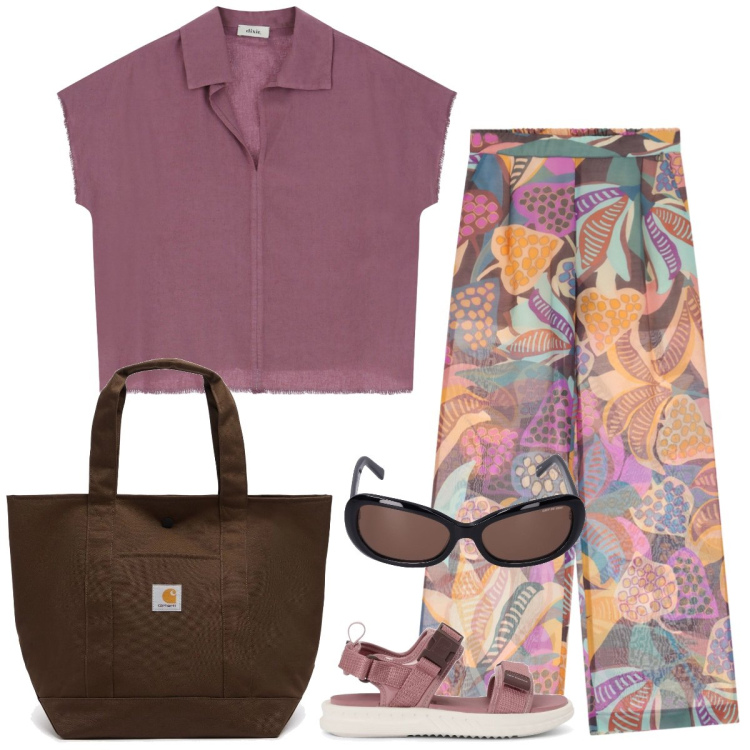 Outfit donna - Total look #2194093. Stile Casual per Tutti i giorni. Abbinamento con sandali, pantaloni a palazzo, camicie a manica corta, occhiali da sole, borse tote.