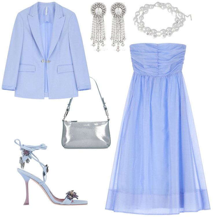 Outfit donna - Cerimonia evento serata speciale. Stile Romantica per Cerimonia. Abbinamento con sandali in pelle, vestiti senza maniche, blazer, orecchini, borse a spalla, collane.