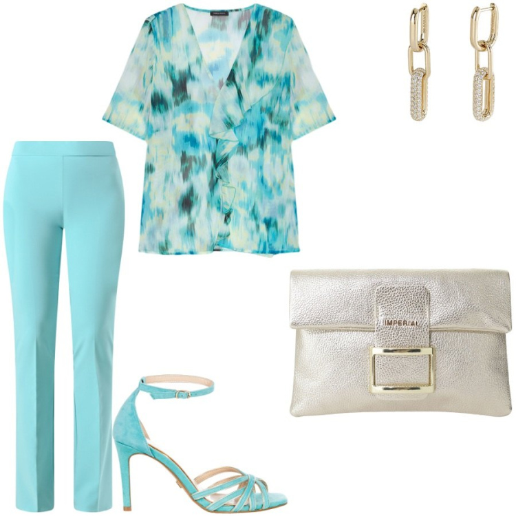 Outfit donna - Per i sacramenti. Stile Chic per Cerimonia. Abbinamento con orecchini, pantaloni, sandali col tacco, pochette, bluse.