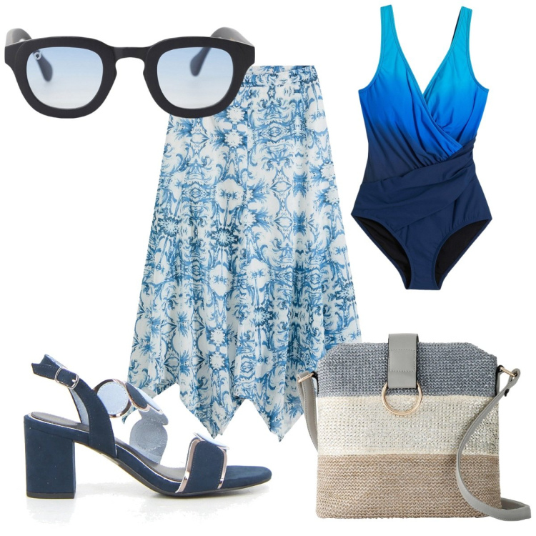 Outfit donna - Total look #2194113. Stile Trendy per Tutti i giorni. Abbinamento con costumi interi, gonne, borse a tracolla, occhiali da sole, sandali col tacco.
