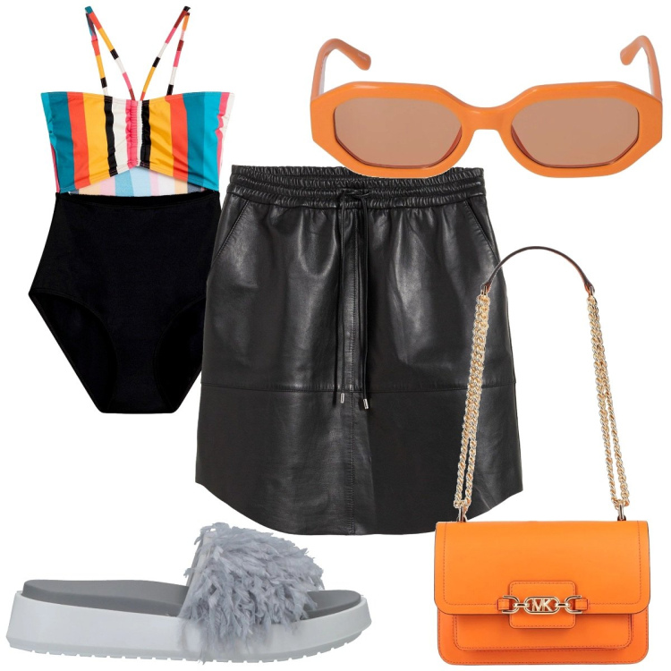 Outfit donna - Total look #2194116. Stile Trendy per Mare. Abbinamento con costumi interi, gonne, sandali in pelle, borse a spalla, occhiali da sole.