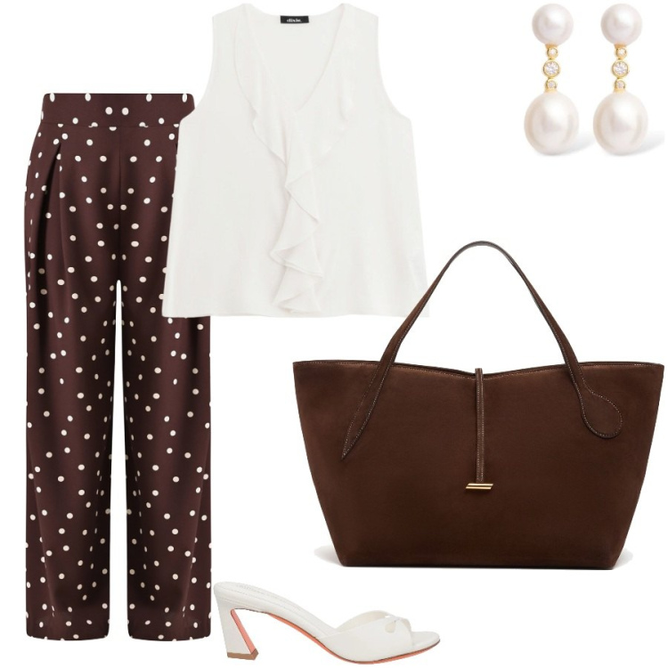 Outfit donna - Pranzo di lavoro. Stile Bon Ton per Ufficio. Abbinamento con sandali in pelle, pantaloni a palazzo, top, orecchini, shopping bag.