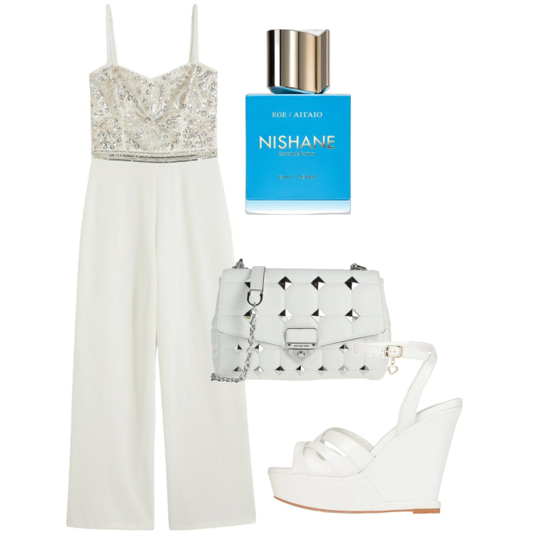 Outfit donna - Giugno. Stile Chic per Serata fuori. Abbinamento con tute, sandali in pelle, borse a tracolla, profumi.