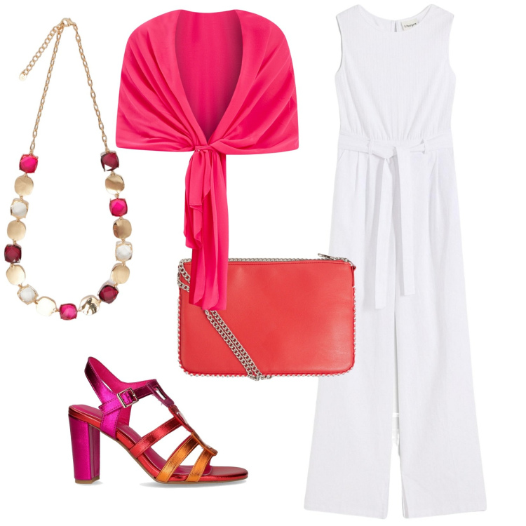 Outfit donna - Colori. Stile Trendy per Serata fuori. Abbinamento con tute, borse a tracolla, scialli, sandali col tacco, collane.