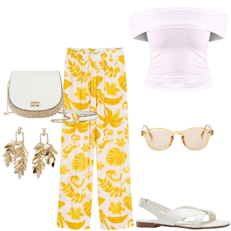 Outfit donna - Total look #2194132. Stile Casual per Tutti i giorni. Abbinamento con pantaloni, sandali, borse a tracolla, top, occhiali da sole, orecchini.