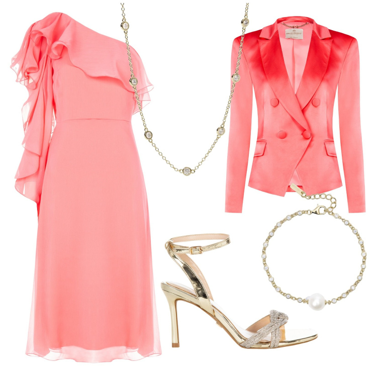 Outfit donna - Sofisticata. Stile Chic per Cerimonia. Abbinamento con vestiti asimmetrici, blazer, sandali col tacco, braccialetti, collane.