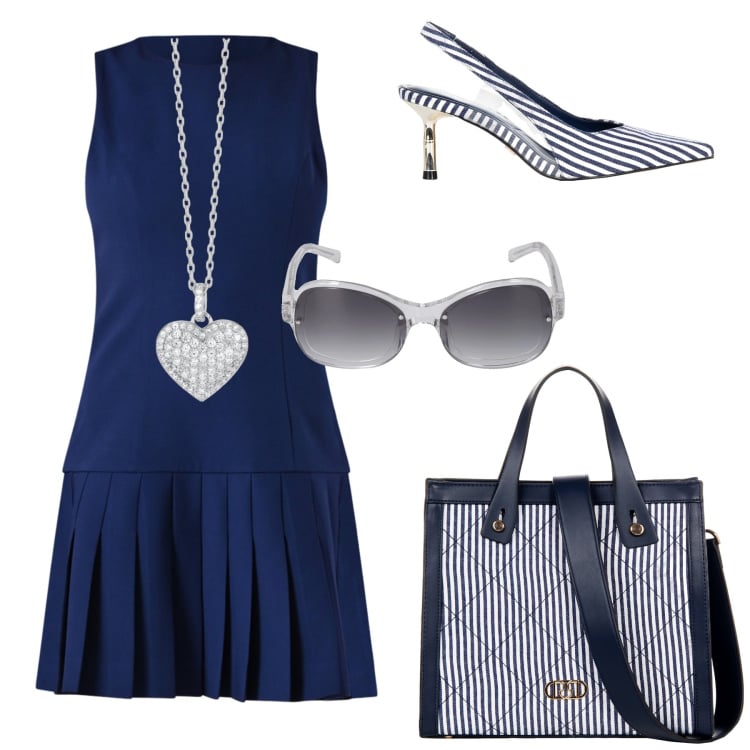 Outfit donna - Eleganza Marittima. Stile Chic per Mare. Abbinamento con shopping bag, vestiti corti, décolleté, collane, occhiali da sole.