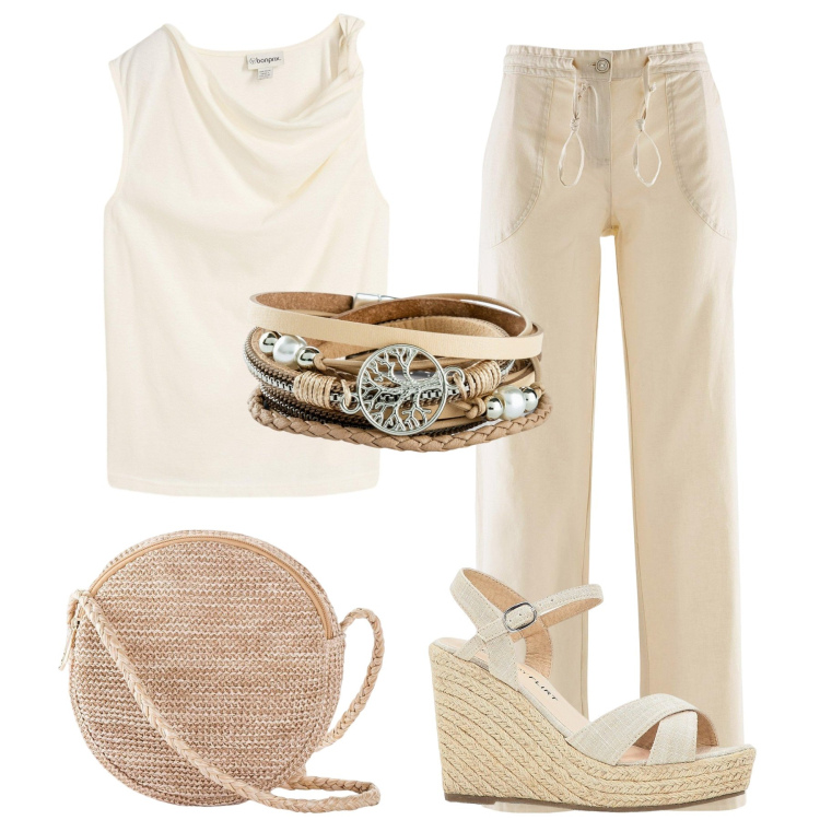 Outfit donna - Nuova tendenza. Stile Casual per Tutti i giorni. Abbinamento con top, pantaloni a palazzo, braccialetti, sandali, borse a tracolla.