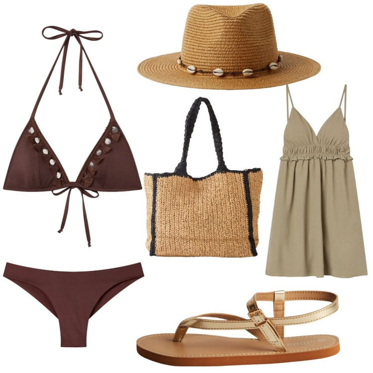 Outfit donna - Primo giorno di mare @ambrosiajsi. Stile Casual per Mare. Abbinamento con shopping bag, vestiti corti, bikini, ciabatte, bikini, cappelli.