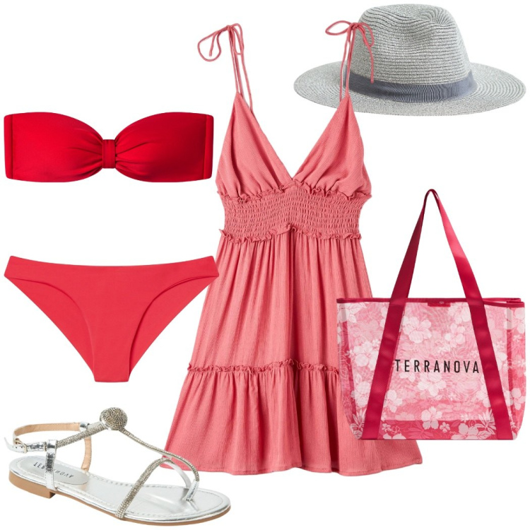 Outfit donna - Nella valigia. Stile Casual per Mare. Abbinamento con cappelli, bikini, vestiti corti, shopping bag, ciabatte, bikini.
