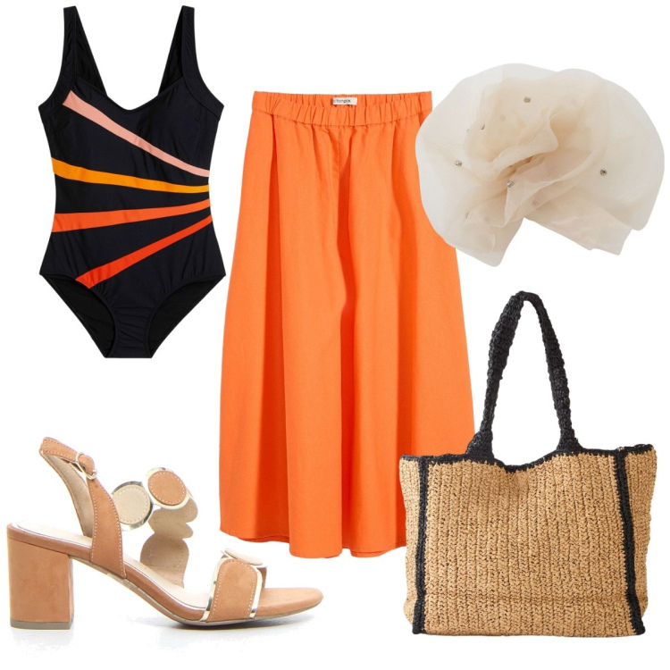 Outfit donna - Total look #2194146. Stile Trendy per Mare. Abbinamento con costumi interi, shopping bag, gonne longuette, foulard, sandali col tacco.