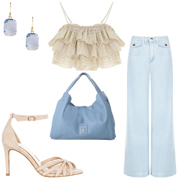 Outfit donna - Bantoa Summer Sale. Stile Casual chic per Serata fuori. Abbinamento con pochette, top, jeans dritti, sandali col tacco, orecchini.