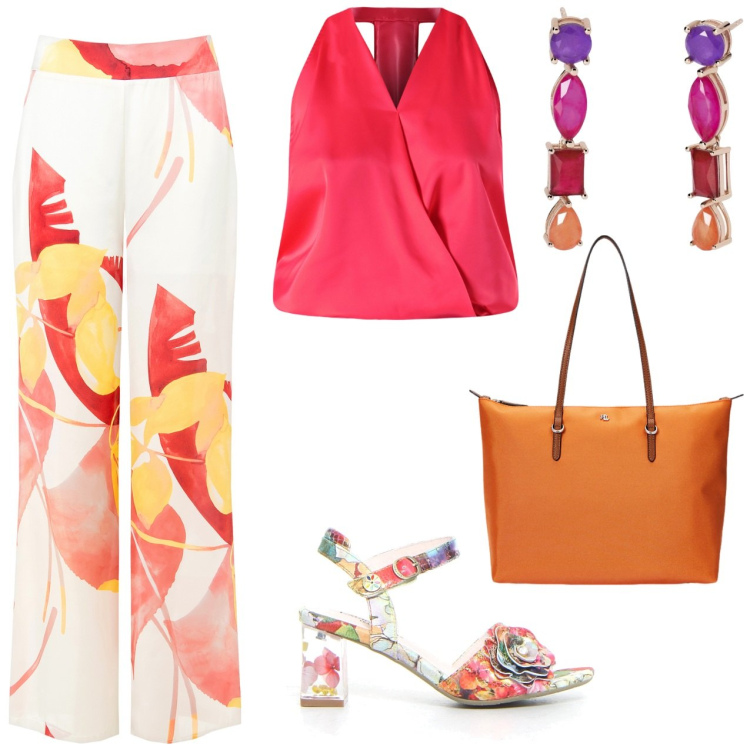 Outfit donna - A tutto colore. Stile Casual chic per Cerimonia. Abbinamento con orecchini, top, pantaloni, borse tote, sandali col tacco.