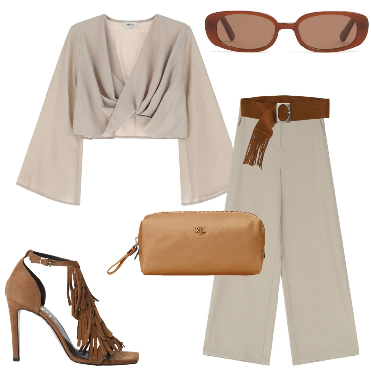 Outfit donna - Bantoa Summer Sale. Stile Casual chic per Serata fuori. Abbinamento con pochette, pantaloni a palazzo, cinture, décolleté, top, occhiali da sole.
