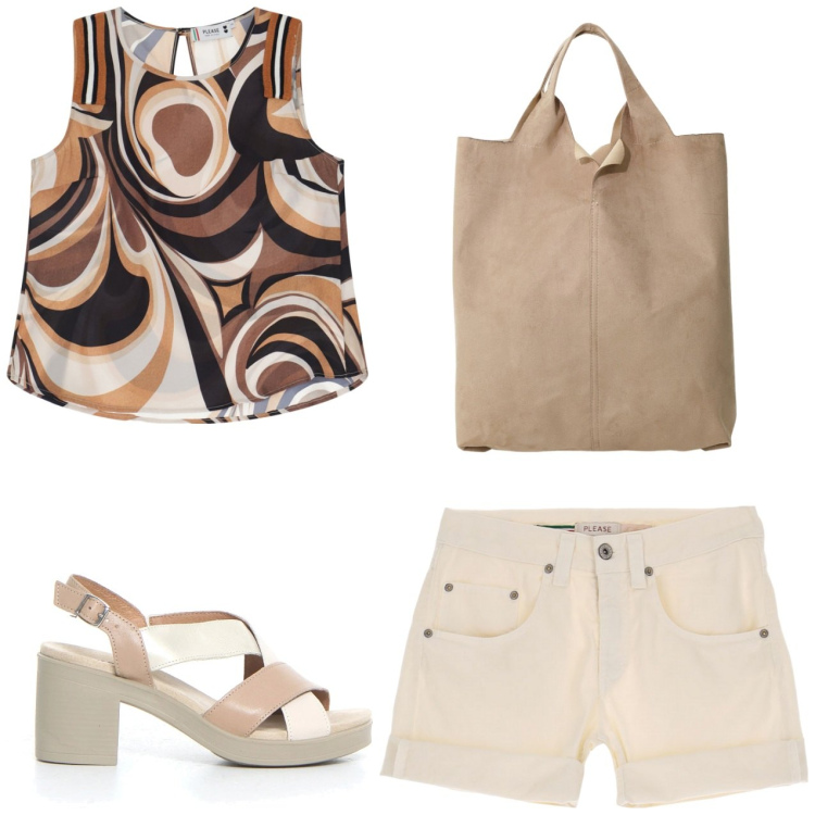 Outfit donna - Top fantasia e short beige. Stile Casual per Tutti i giorni. Abbinamento con shorts, top, shopping bag, sandali col tacco.