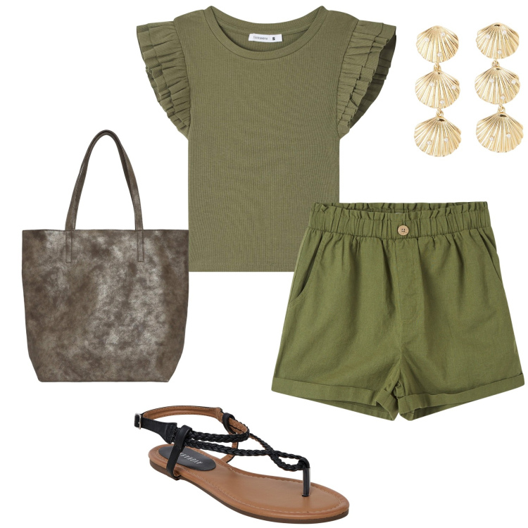 Outfit donna - Terranova Summer Sale. Stile Casual per Tutti i giorni. Abbinamento con t-shirt, pantaloni corti, ciabatte, orecchini, borse tote.