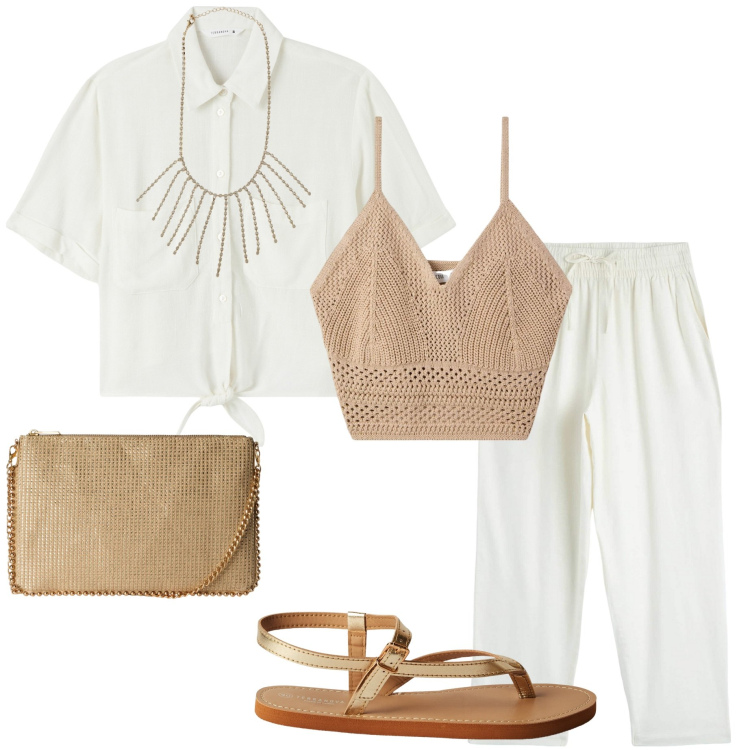 Outfit donna - Terranova Summer Sale. Stile Casual chic per Tutti i giorni. Abbinamento con pantaloni, top, borse a tracolla, camicie a manica corta, collane, ciabatte.