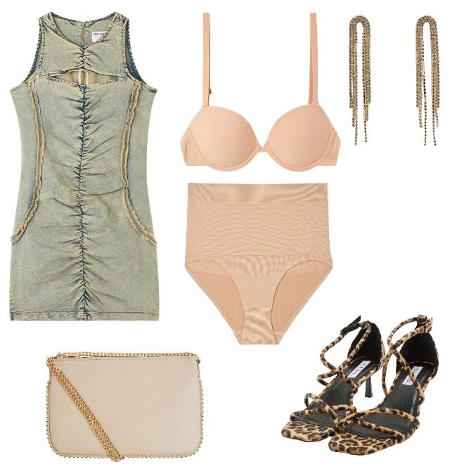 Outfit donna - mini abito in jeans. Stile Sexy per Serata fuori. Abbinamento con vestiti senza maniche, sandali col tacco, borse a tracolla, culotte, reggiseni, orecchini.