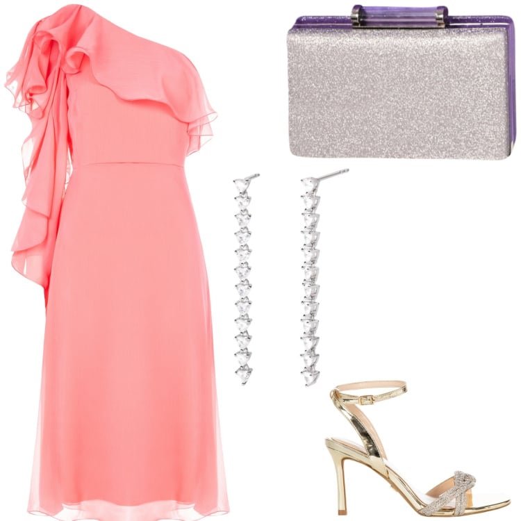 Outfit donna - Cerimonia estiva. Stile Romantica per Cerimonia. Abbinamento con vestiti asimmetrici, pochette, sandali col tacco, orecchini.