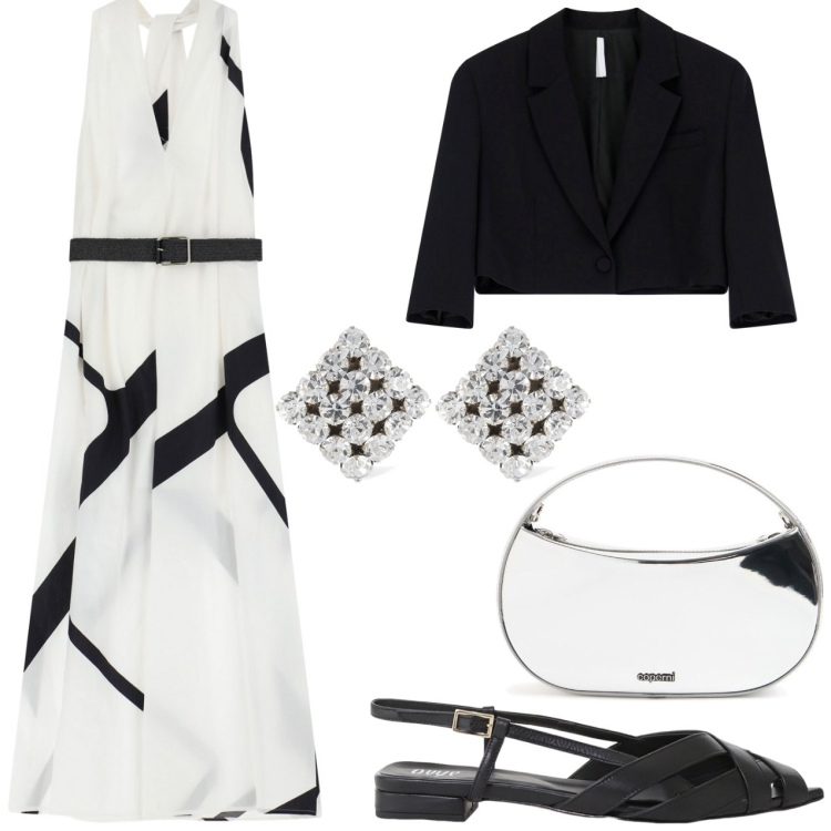Outfit donna - Bianco e nero. Stile Chic per Cerimonia. Abbinamento con vestiti lunghi, blazer, sandali, orecchini, borse a mano.