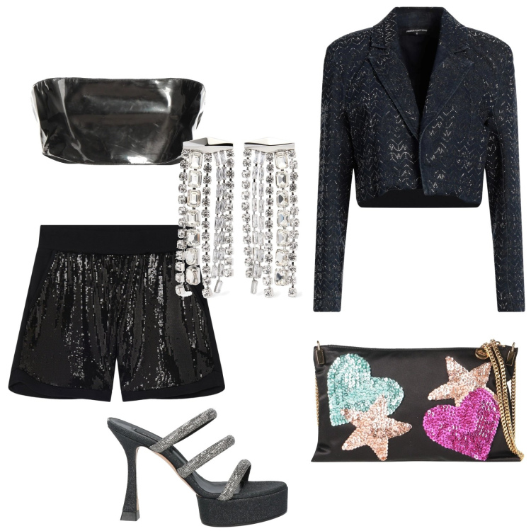 Outfit donna - Dancing all night long. Stile Glamour per Serata fuori. Abbinamento con top, sandali in pelle, blazer, borse a tracolla, pantaloncini sportivi, orecchini.