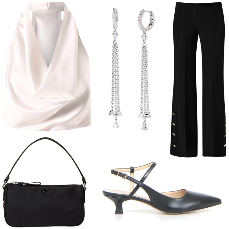 Outfit donna - Il completo sofisticato. Stile Chic per Cerimonia. Abbinamento con orecchini, top, pantaloni a palazzo, pochette, décolleté.