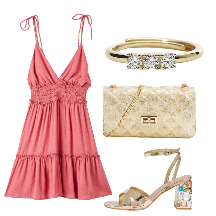 Outfit donna - L’abitino color corallo. Stile Bon Ton per Serata fuori. Abbinamento con vestiti corti, borse a tracolla, sandali gioiello, anelli.