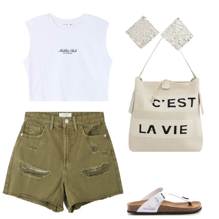 Outfit donna - Total look #2194181. Abbinamento con shorts, t-shirt, orecchini, borse a mano, infradito.