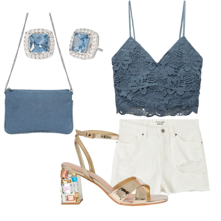 Outfit donna - Il top di pizzo. Stile Trendy per Serata fuori. Abbinamento con shorts, borse a tracolla, top, sandali gioiello, orecchini.