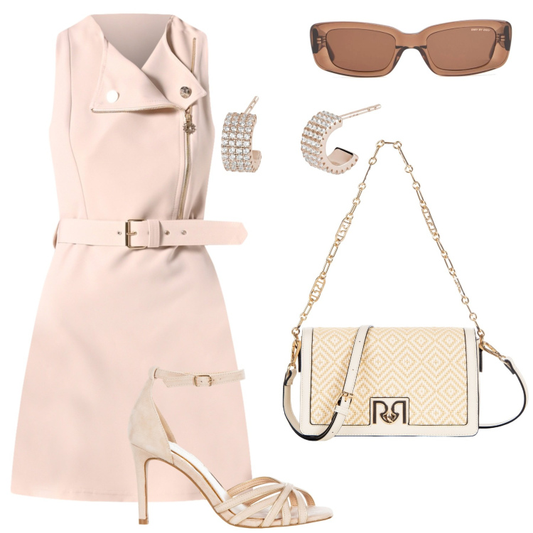 Outfit donna - Sportivo ma elegante. Stile Sporty chic per Serata fuori. Abbinamento con vestiti corti, sandali col tacco, borse a tracolla, orecchini, occhiali da sole.