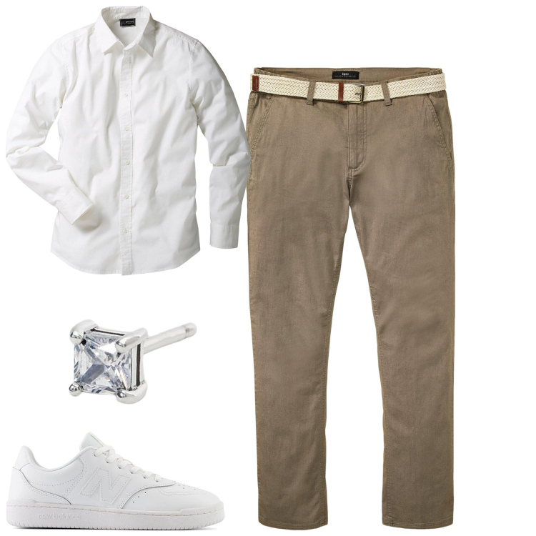 Outfit uomo - Aperitivo. Stile Casual per Tutti i giorni. Abbinamento con camicie, pantaloni chino, orecchini, sneakers.