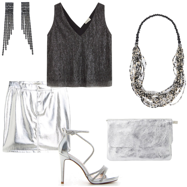 Outfit donna - Dancing all night long. Stile Glamour per Serata fuori. Abbinamento con minigonne, top, orecchini, borse a tracolla, collane, sandali col tacco.