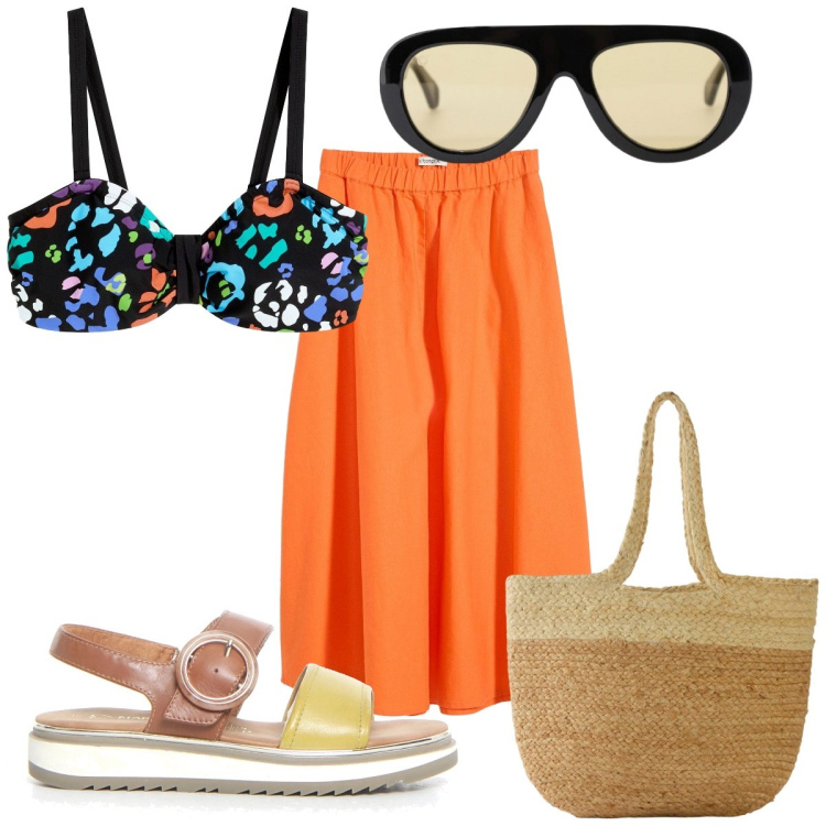 Outfit donna - Total look #2194216. Stile Trendy per Mare. Abbinamento con bikini, shopping bag, gonne longuette, occhiali da sole, sandali.